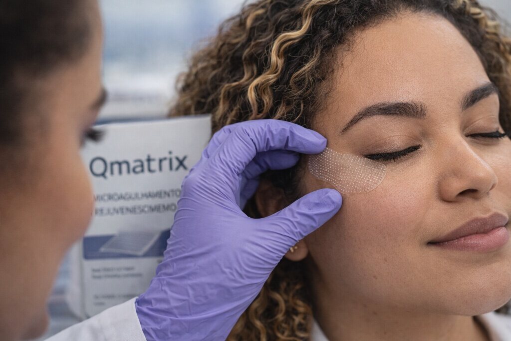 Profissional aplicando membrana QMatrix® na região dos olhos de uma paciente durante procedimento de estética regenerativa