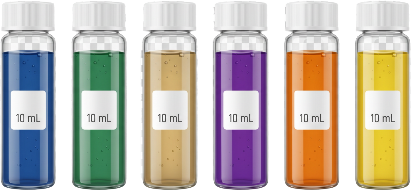Seis frascos de biotinta QMatrix® de 10 mL com rótulo profissional, em cores distintas