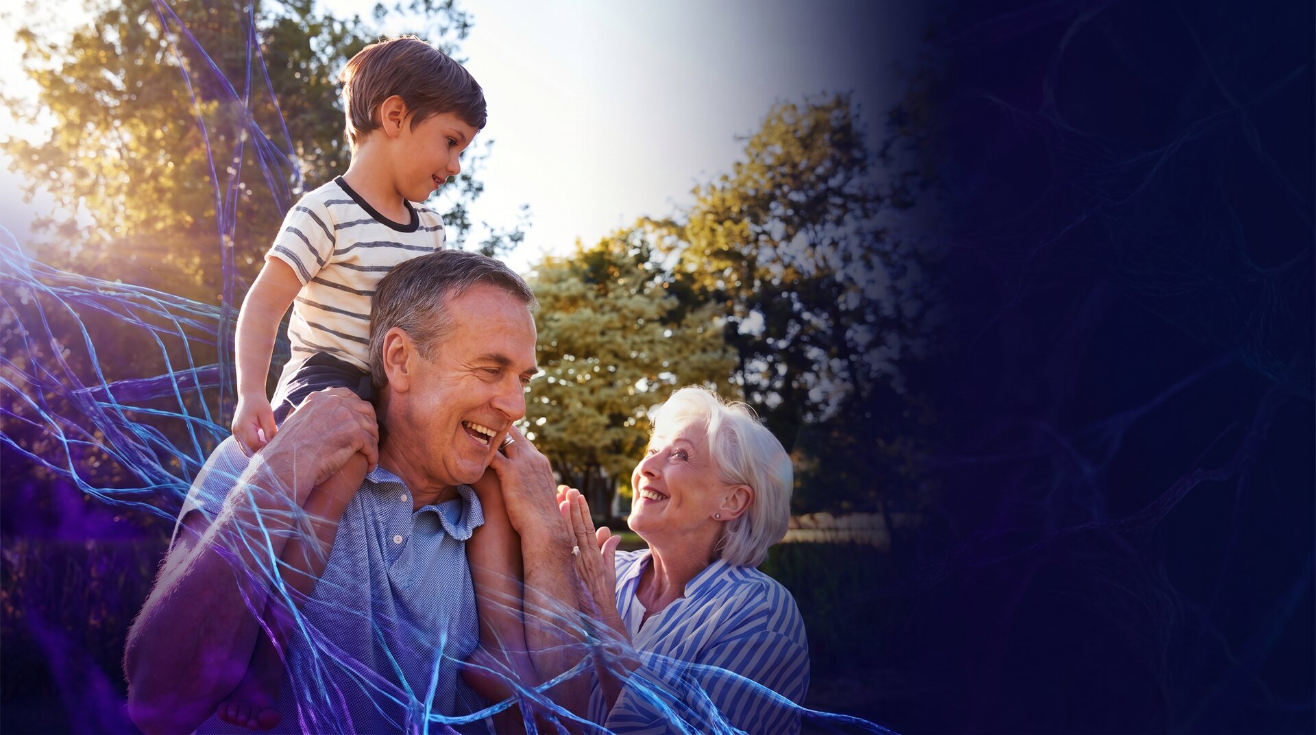 Família com avós e neto ao ar livre, fundida com uma rede de microfilamentos de matriz extracelular