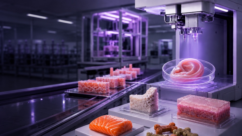 Linha de biofabricação da Quantis: bioimpressora 3D construindo uma orelha humana em placa de Petri, com salmão, bloco ósseo, scaffold e snacks pet impressos em 3D sobre a esteira