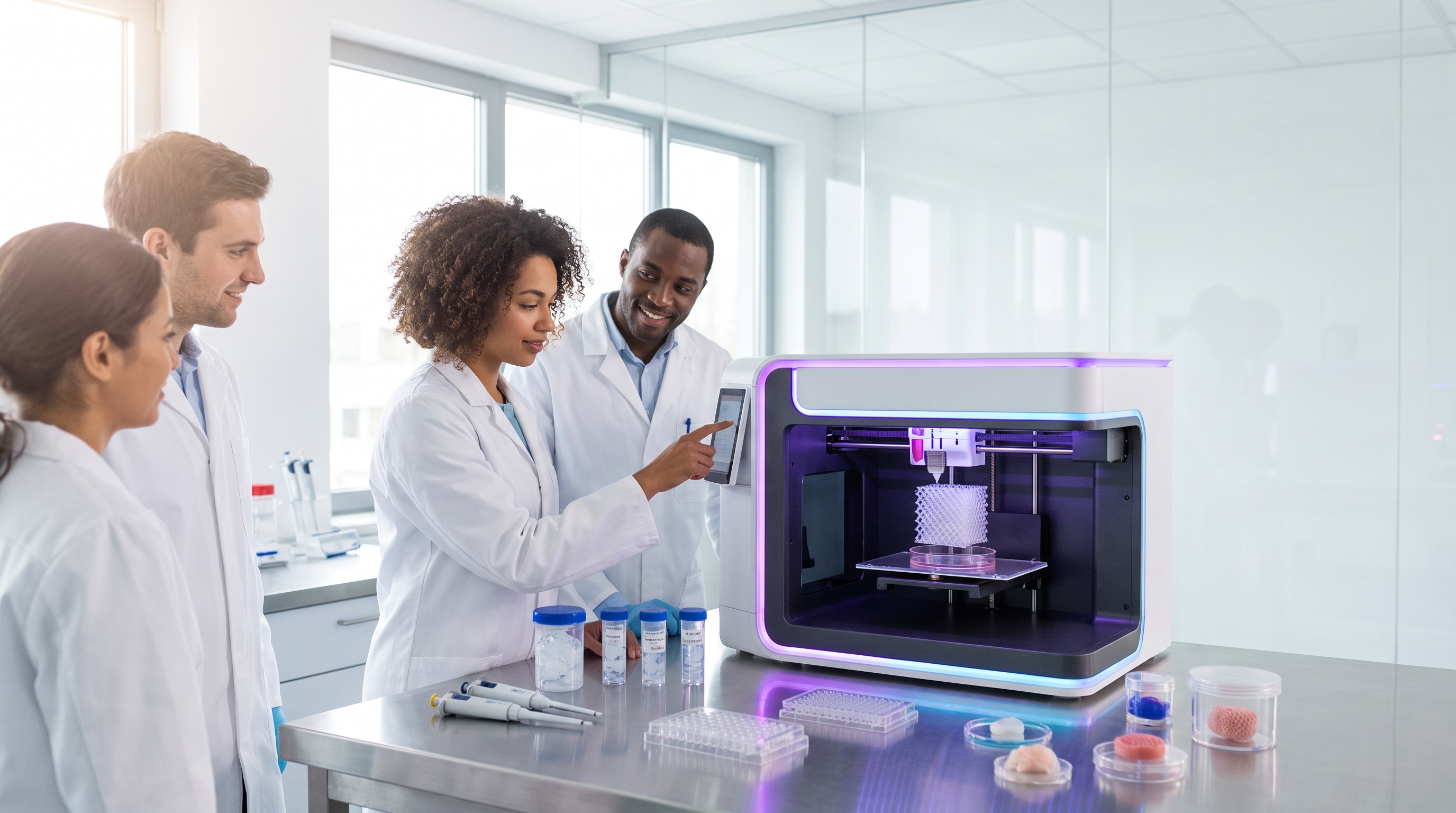 Equipe de pesquisadores operando uma bioimpressora 3D em laboratório, com hidrogéis, scaffolds e estruturas 3D